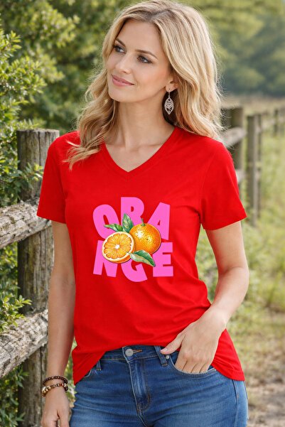 LORVEX V-Neck Women's T-Shirt Comfortable Fit Orangee Printed T-Shirt
