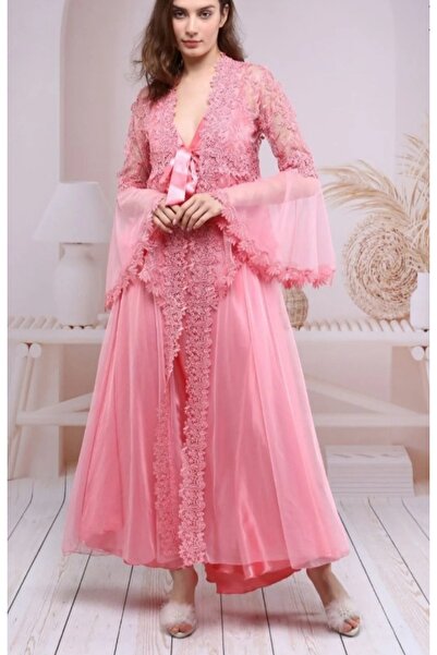 Moda81 Dantelli saten gecelik sabahlık kadın takımı, çeyiz gelinlik seti