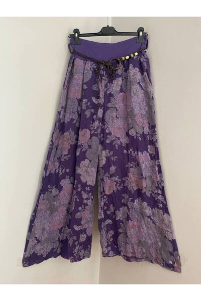 AYASOFYA OTANTIK Women's Italian Purple Rose Patterned Wide-Legged Linen Trou...