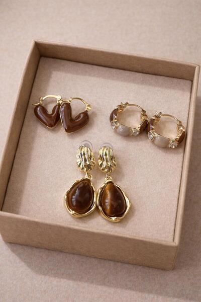 Adanova Concept Vintage Kaplan Gözü Reçine 3lü Küpe Seti