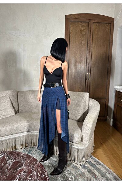 Mouillé Ekose Yırtmaçlı Asimetrik Kesim Etek