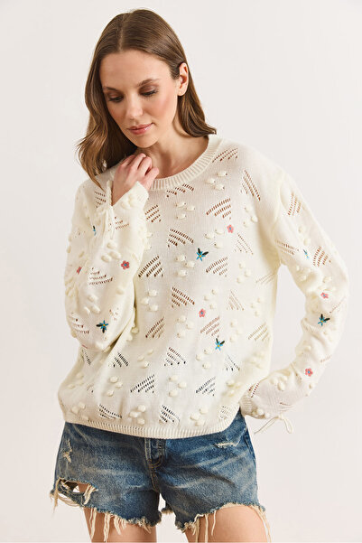 Olalook Women's Ecru Embroidery Pompom Detailed Seasonal Knitwear Blouse Blz-...