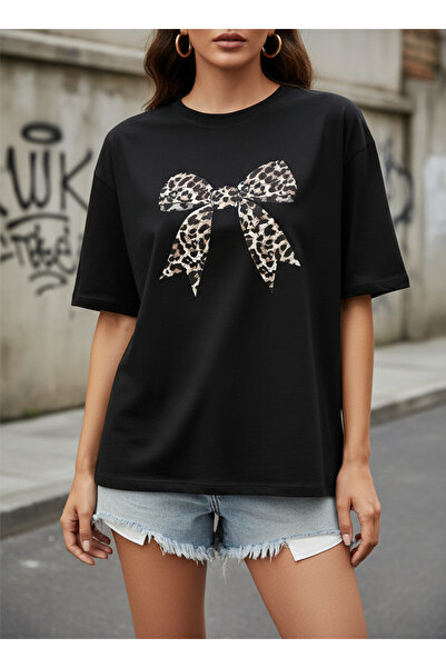 ship master Дамска черна памучна тениска с принт на леопард и панделка, стилн...