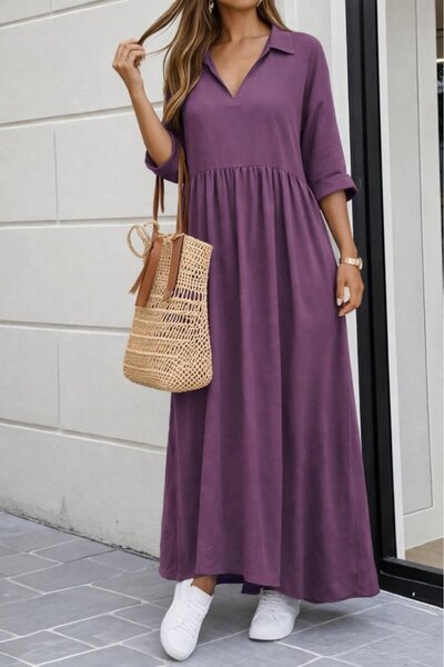 civetta Women's Three Quarter Sleeves V-Neck Slit Long Aerobin Dress