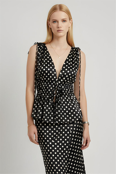 Perspective Siyah Beyaz Puantiyeli V-Yaka Bağlamalı Bluz