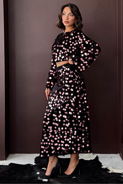 Caddebostan Moda Sequined Velvet Long Skirt Stylish Evening and Event Skirt