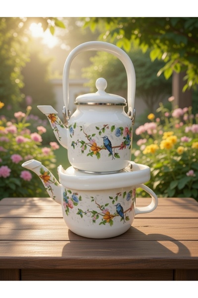 ALEV EMAYE Lüks Nostaljik Çift Katlı Emaye Çaydanlık Takımı - Mavi Kuşlu Renk...