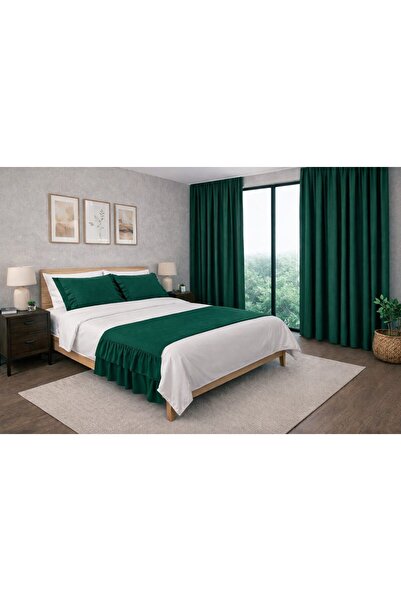 NAKKAŞİ ZARİF Dark Green Bed Runner and Background Curtain Set