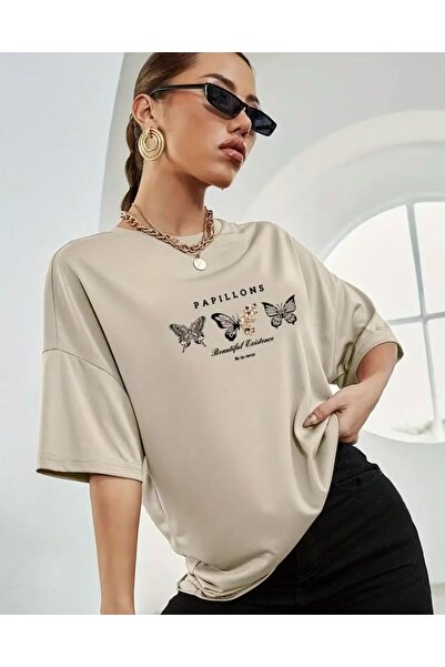 ship master Beige Women's Butterfly Printed Cotton T-Shirt Oversize Casual St...