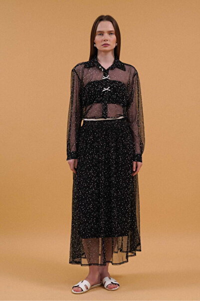 Caddebostan Moda Φούστα από τούλι με πουά και λεπτομέρεια φιόγκου, μίντι μήκο...