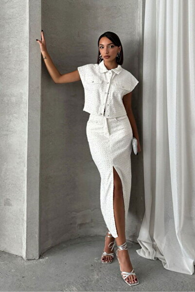 Caddebostan Moda High Waist Sequined Slit Denim Skirt Long Denim Skirt