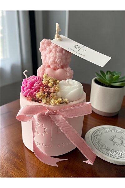 Leopan Noir Ayıcıklı Mini Box Mum Aranjmanı - %100 Soya Wax - El Yapımı