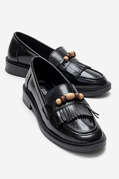 Lizy Shoes Women's Black Leather Tassel Detailed Loafer Casual Shoes