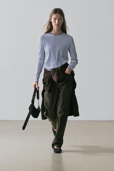 Massimo Dutti Uzun kollu çizgili kontrast detaylı tişört