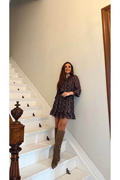 Fistan Byn Melisa Şifon Desenli Kahve Elbise