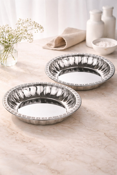 DİVAYS 29.5 cm Stainless Steel Patterned Silver Salad and Fruit Bowl Set of 2