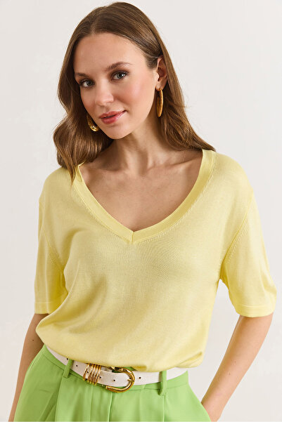 Olalook Women's Yellow Deep V-Neck Draped Viscose Knitwear Blouse Blz-19003224