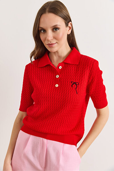 Olalook Women's Red Bow Embroidered Polo Collar Hair Knit Seasonal Knitwear B...