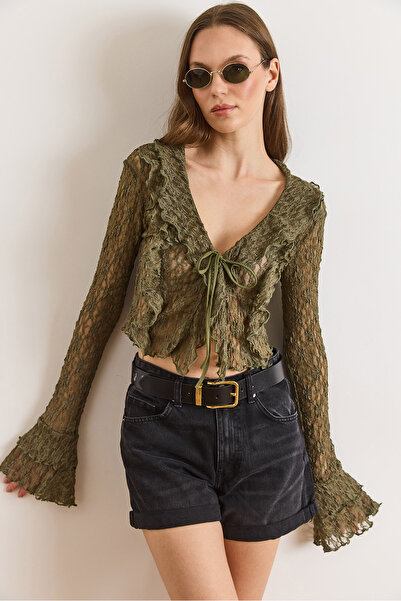 Olalook Women's Khaki Tie-Detail Boho Lace Blouse Blz-19003228