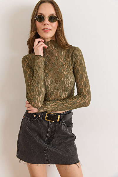 Olalook Women's Khaki High Neck Crop Lace Blouse Blz-19003229