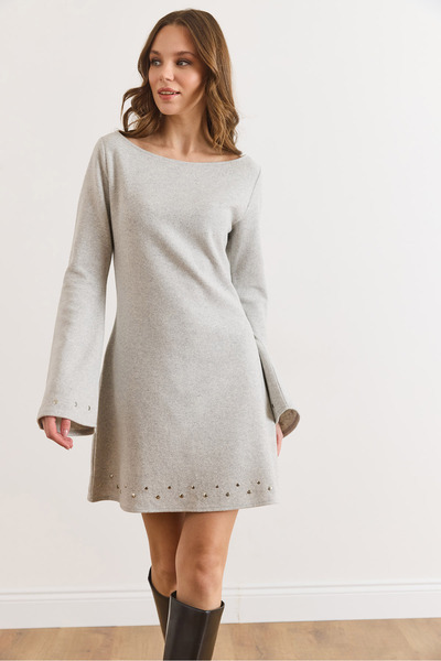 Olalook Kadın Açık Gri Zımba Detaylı Geniş Yaka Çan Kesim Kışlık Selanik Elbi...