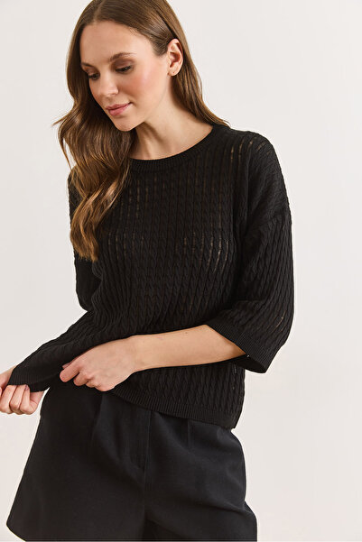 Olalook Women's Black Hair Braided Openwork Loose Fit Seasonal Knitwear Blous...