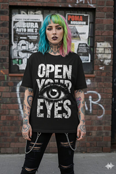 Agolady Unisex Black Oversize Open Your Eyes Design T-Shirt