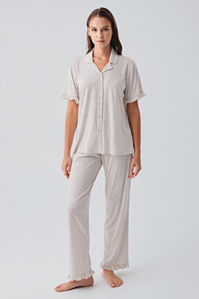 Artış Short Sleeve Buttoned Ruffle Cotton Pajama Set