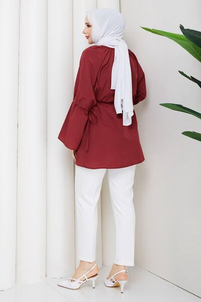HİFADEN Women's Tie-Up Balloon Sleeve Buttoned Hijab Shirt