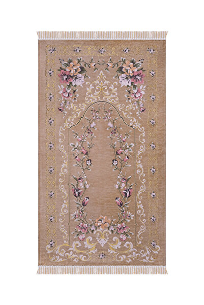 Bursa İpek Bej Gülbahçe Desen Kabartmalı Özel Dokuma Seccade
