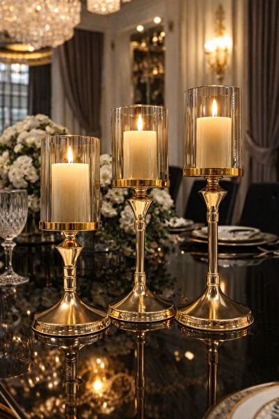 voliX Dizayn 3’Lü Gold Ultra Lüx Şamdan set 34/29/24 cm | şamdan&mumluk | hed...