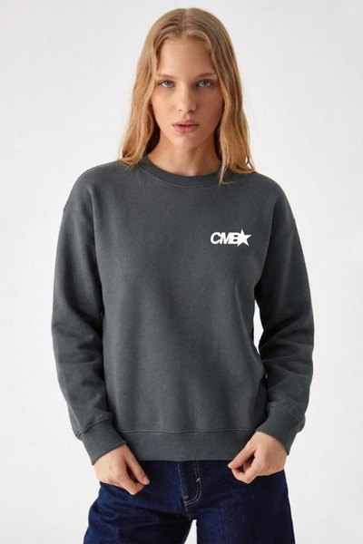 COMBİNE MİCHAİL Women's Cmb Text Printed Smoked Loose Sweatshirt