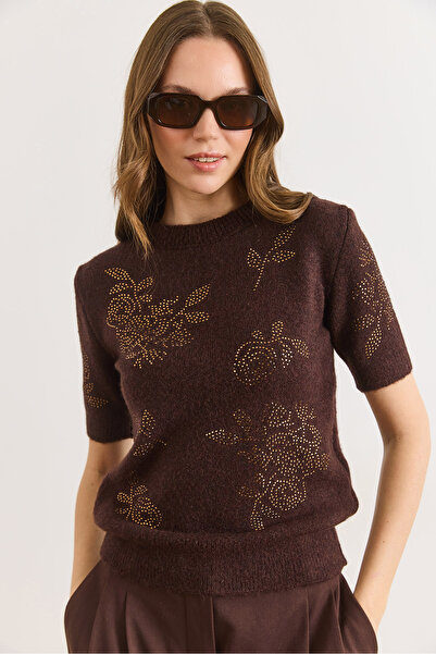 Olalook Women's Brown Print Stone Detailed Soft Textured Short Sleeve Knitwea...