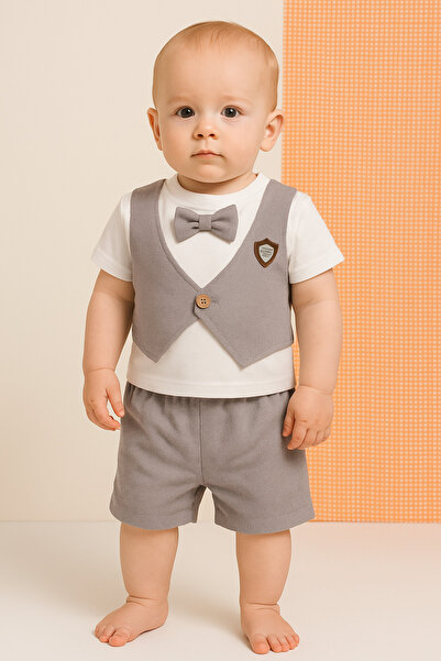 agugu Zigzag Patterned Bow Tie Stylish Vest Detailed 2-Piece Baby Set Gray