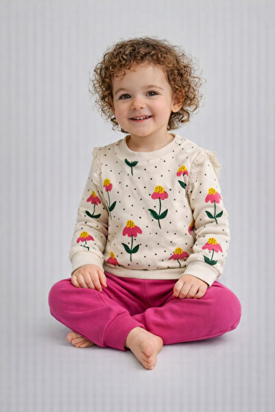 dinamik çocuk Baby Girl Floral Patterned Lace Sleeve Detailed Top and Bottom ...