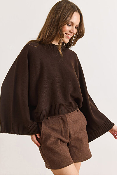 Olalook Women's Brown Crew Neck Wide Sleeve Batwing Knitwear Sweater Kzk-1900...