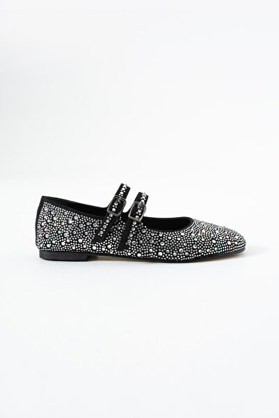 Gökçe Shoes Sindy Gümüş Süet Taş Detay Kemerli Kadın Babet Ayakkabı