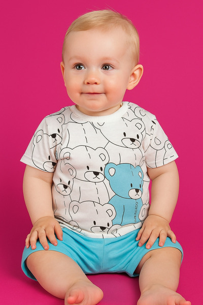 agugu Colorful Teddy Bear Patterned Shorts Summer Set Blue