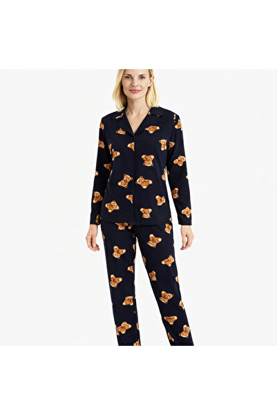 FK Navy Blue Teddy Bear Patterned Women's Pajama Set – Front Buttoned, Soft T...