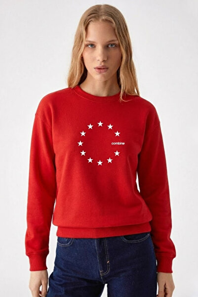 COMBİNE MİCHAİL Women's Star Print Red Casual Sweatshirt