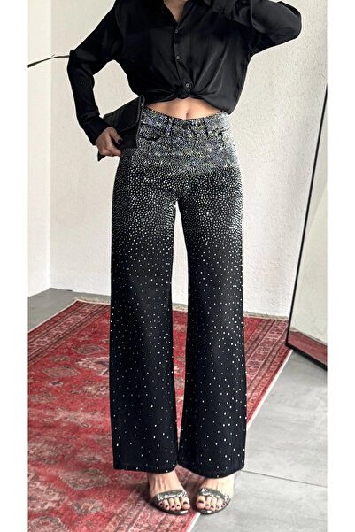 asfamoda Дамски черни дънки с широки крачоли и висока талия