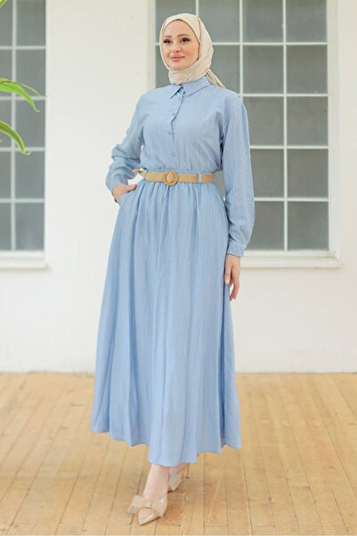 Bestenur Straw Belted Double Set 1687 - Ice Blue