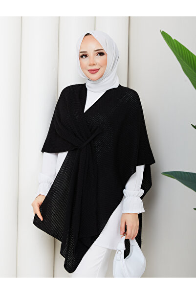 MODAMERSİ Women's Black Front Detailed Poncho Cardigan