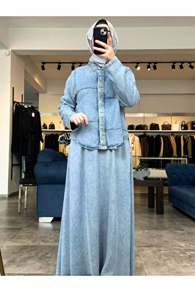 My Magazin Women's Stone Detailed Shirt Skirt Cotton Set 7502