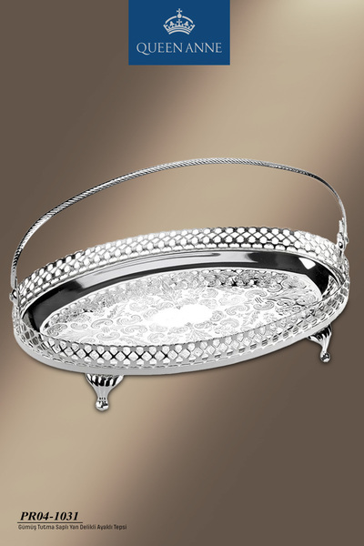 QUEEN ANNE İngiliz Gümüşü Tutma Saplı Yanları Delikli 23*23 cm Ayaklı Tepsi Ş...