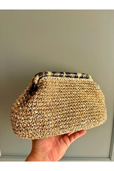 UNİCORNS Simli Burslu Çanta, Leopar Desenli Clutch, Simli Hasır Clutch , Hası...