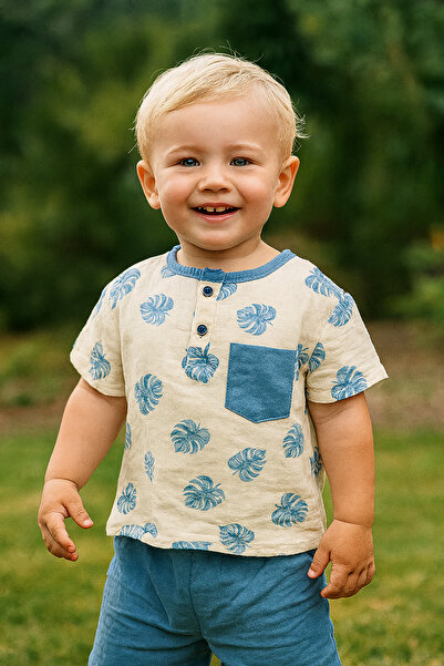 agugu Leaf Patterned Muslin Baby Boy Shorts Set Blue