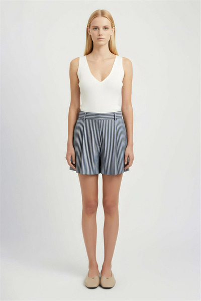 Perspective Navy Blue Striped High Waist Mini Shorts