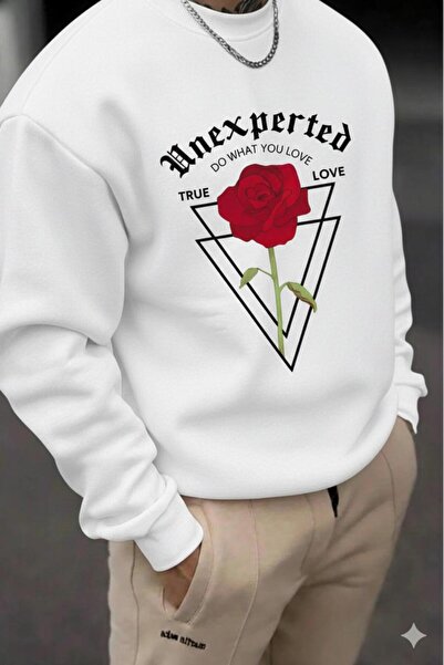 CAST COLLECTİON Men's White Unexperted Printed Crew Neck Sweatshirt
