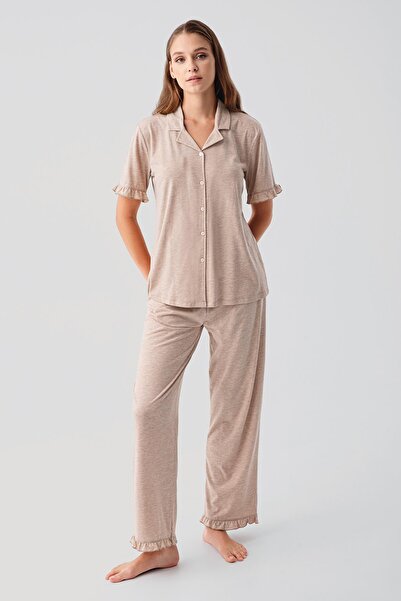 Artış Short Sleeve Buttoned Ruffle Cotton Pajama Set